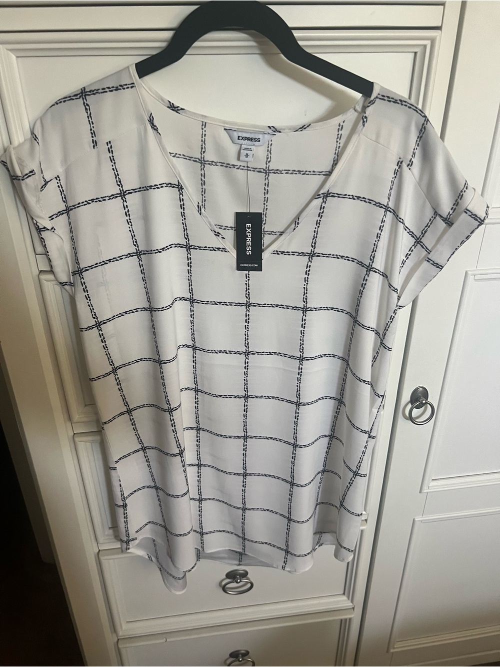 Express White and Navy Windowpane V-Neck Blouse